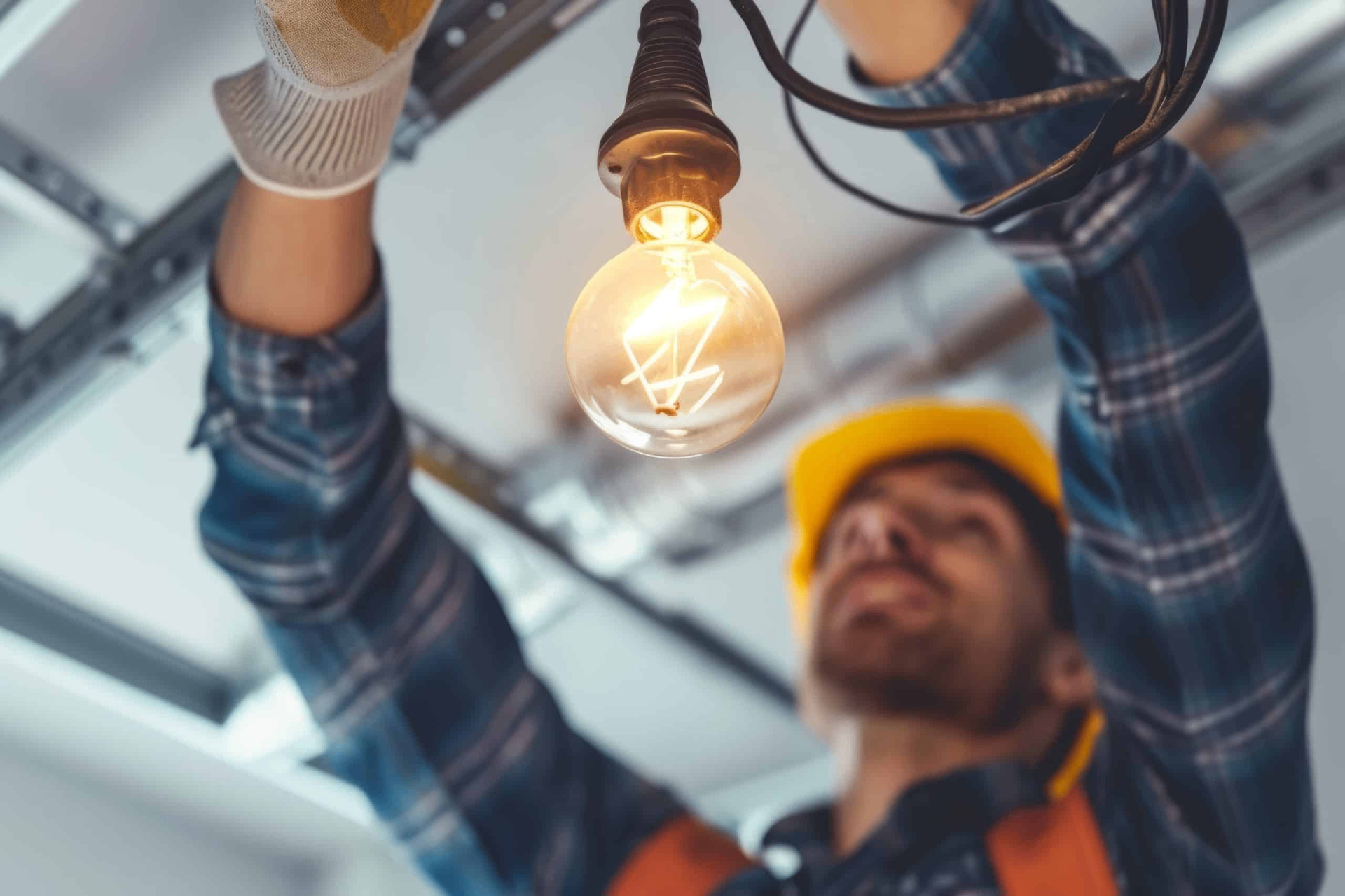 Électricien installant une ampoule